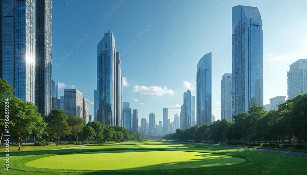 Obraz premium Green golf course fairways border modern skyscrapers under clear blue sky. Rich trees line park path beside city buildings. Sunny day, urban oasis, nature meets metropolis, bright.