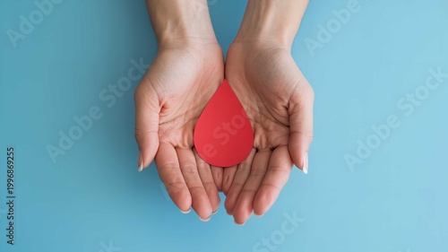 A pair of hands gently holding a red drop on a blue background