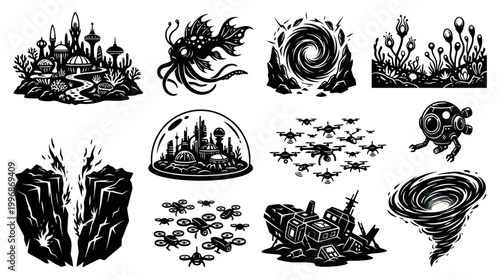 Sci-fi Cityscape Underwater  Alien Flora, Black and White Vector Icons