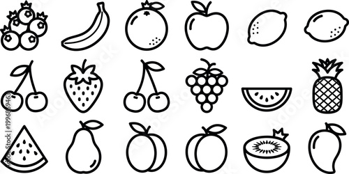 Collection of black and white outline representing various fruits and berries berry blueberry