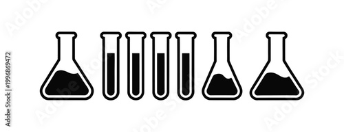 Laboratory equipment icon set including beakers and test tubes with black liquid