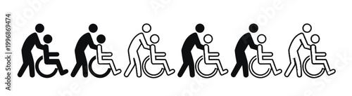 Wheelchair icon set showing people assisting and helping each other