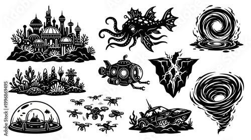 Black  White Sci-Fi  Fantasy Glyphs: Underwater City, Drones, Sea Creatures, Vortex Vector Art