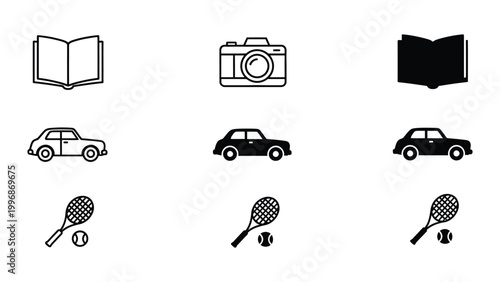Three sets of icons depicting books, cameras, cars, and tennis rackets in varying styles