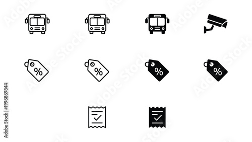 Icons representing public transport, surveillance, discounts, and tickets