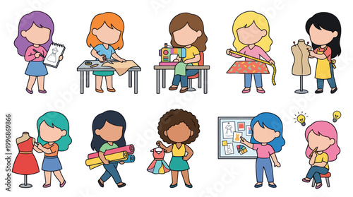 Cute Fashion Designers Working With Sewing Machine and Mannequin Vector Art