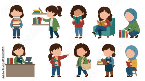 Cute children reading and carrying books in library, flat design