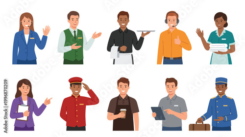 Diverse Service Staff Posing with Professional Gestures