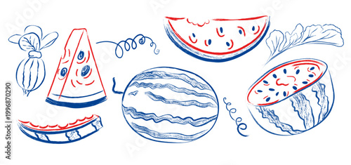 Hand drawn of whole, slice, piece of watermelon set in Mediterranean style.  Ripe summer fruit. Vector doodle illustration isolated on a white background. Perfect for restaurant menu, deli branding