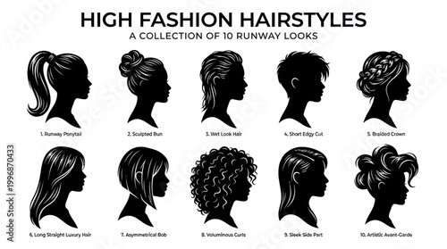 High Fashion Hairstyles Collection: 10 Runway Looks, Black  White Silhouette Art