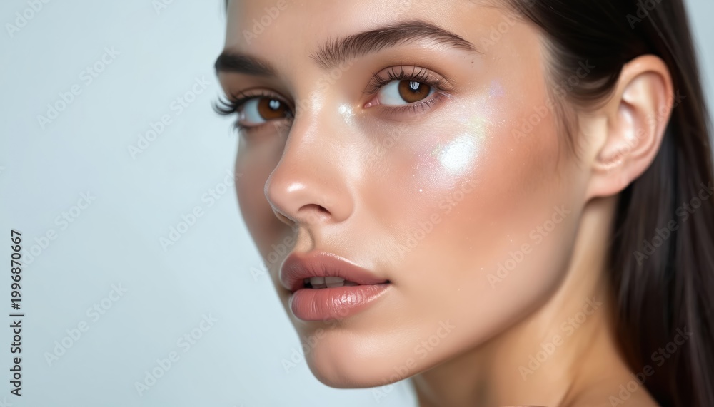 Fototapeta premium Young woman face with luminous glow skin. She has natural makeup, shiny cheeks, and healthy lips. Closeup portrait shows smooth complexion and bright eyes. Beauty and skincare concept.