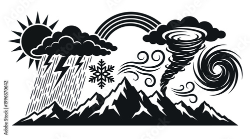 Weather and Climate Phenomena Glyph Art - Black  White Nature Icons