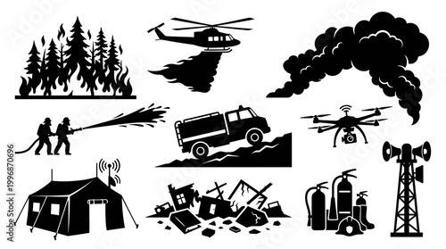 Emergency Disaster Response Safety Rescue Black  White Glyph Icons Set