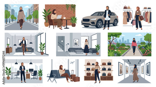 Modern Muslim Women Lifestyle Flat Vector Illustration Set: Daily Activities  Diverse Scenes