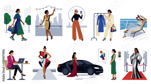 Fashionable Women in Various Stylish Outfits and Activities - Flat Art