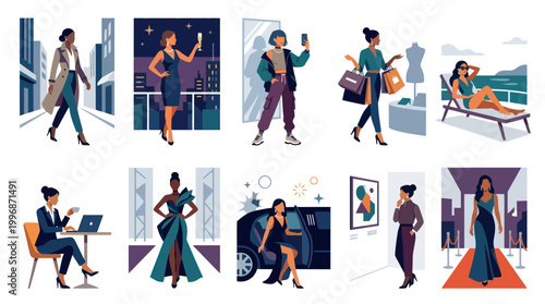 Flat Vector Illustrations: Modern Women Lifestyle, Fashion, Business, Leisure Activities