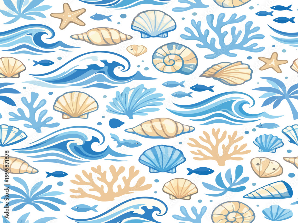 Fototapeta premium Print Seamless Coastal Pattern with Hand Drawn Waves Shells and Ocean Elements in Blue Tones