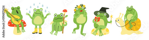Funny frog character, froggy mascot characters set. Frog with raindrops, wreath, sitting with mushroom, singing, wizard. Simple flat doodle style, green, yellow and red. Print, sticker, children.