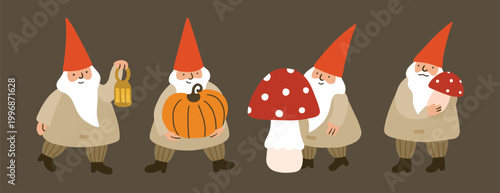 Cute garden gnomes in red hat set. Different fairytale creature. Thanksgiving, Christmas, dwarf, gnome, simple funny illustration forest, garden character. Garden concept, harvest season. Isolated.
