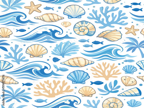 Print   Seamless Coastal Pattern with Hand Drawn Waves Shells and Ocean Elements in Blue Tones