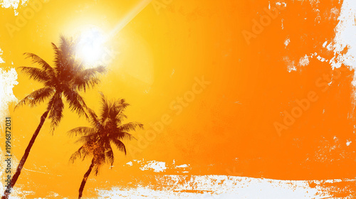 Tropische Palmen im warmen Sonnenuntergang – Sommerlicher Reise Hintergrund mit copy space und sonnigem Urlaubsfeeling