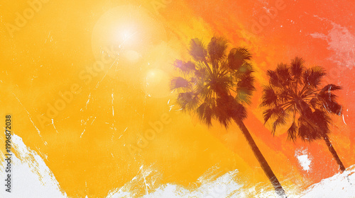 Tropische Palmen im warmen Sonnenuntergang – Sommerlicher Reise Hintergrund mit copy space und sonnigem Urlaubsfeeling