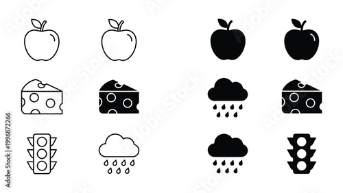 Contrast variations of everyday icons in black and white line art