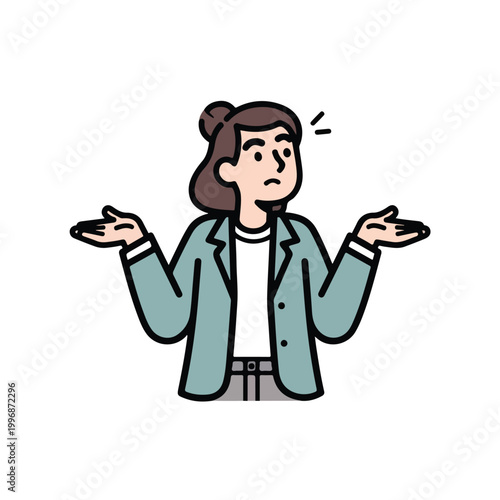 Businesswoman shrugging shoulders with confused expression, conveying uncertainty or lack of knowledge