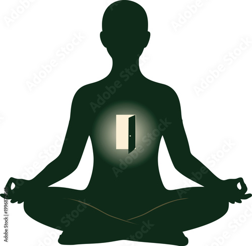 Meditation silhouette with glowing open door in chest representing inner peace and spiritual awakening