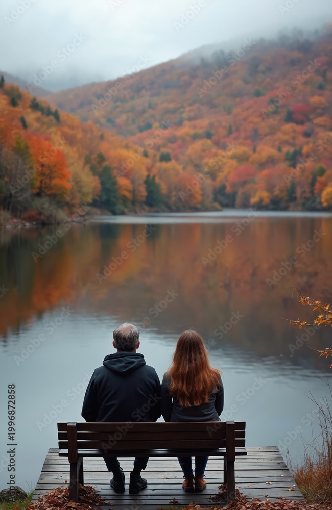 Fototapeta premium Couple sits on bench watching lake on autumn day. Colorful trees reflect on calm water surface. Man and woman enjoy quiet moment, natural landscape view.