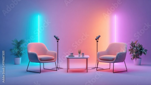 Modern podcast studio setup with two chairs, microphones, and neon lighting