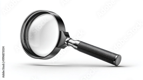 Close-up of a sleek, modern magnifying glass with a textured handle on a white background