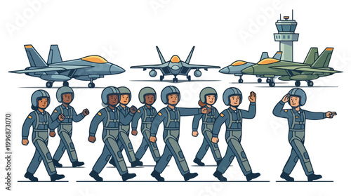 Military Aviation Personnel Marching with Fighter Jets and Air Traffic Control Tower Illustration