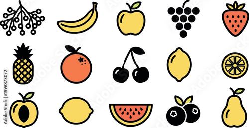 Collection of stylized fruit banana, apple, grapes, strawberry, pineapple, orange, cherries, lemon, watermelon
