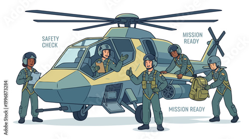 Military aviation crew conducting safety checks and preparing for a mission with their helicopter professional team ensuring readiness for flight operations in the defense industry