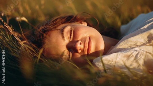 Serene young woman smiling blissfully with closed eyes, lying in golden sun-drenched grass for a wellness concept and nature connection