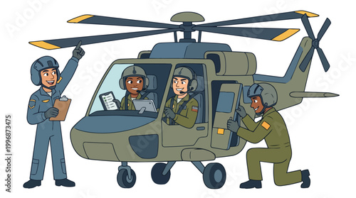 Diverse military aviation crew conducting pre-flight checks on a utility helicopter, demonstrating teamwork and readiness for a critical mission