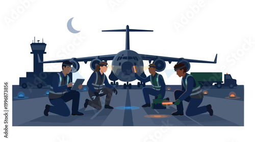 Military aviation ground crew performing nighttime maintenance and inspection on a large transport aircraft at an airfield, ensuring operational readiness in the industry