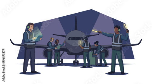 Airport ground crew performing night operations and maintenance checks on a commercial airplane with safety equipment and communication headsets ensuring efficient aviation industry services
