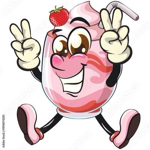 cute strawberry smoothie mascot character raising two hands in peace sign while jumping happily, funny milkshake drink cartoon vector illustration with straw isolated, work of hand drawn