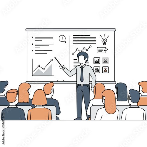 Business presentation with speaker pointing at charts on a whiteboard to an attentive audience in a meeting room