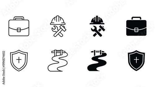 Icons representing professional services and safety measures in contrasting styles