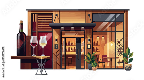 Red and white wine glasses on table.