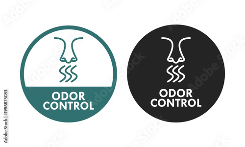 Odor control seal logo featuring a nose and scent waves. Professional circular badge for air fresheners, hygiene products, and neutralizer packaging. Vector illustration.