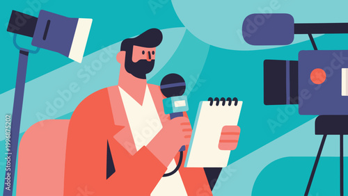 Illustration Of A Journalist Holding A Microphone And A Notebook Vector Design Template