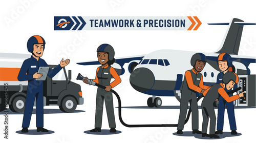 Dedicated ground crew team working with precision and teamwork to refuel and maintain an airplane on the tarmac, showcasing efficient aviation industry operations