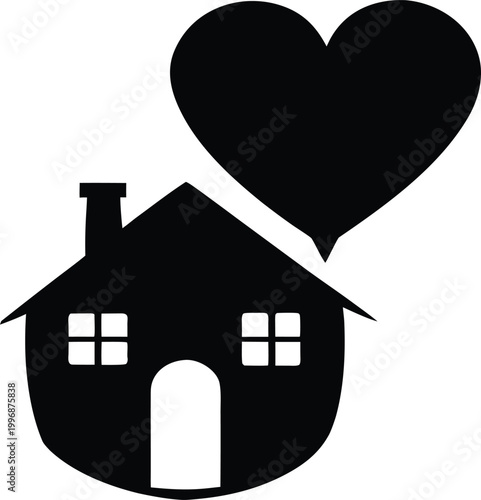 Simple of a small house with a large heart shape floating above representing love and happiness in family home
