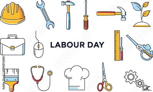 Labour Day celebration with various tools and professions icons