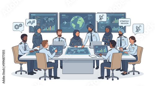 Diverse Airline Pilots Team Strategy Meeting Aviation Industry Collaboration Global Flight Planning Vector Illustration