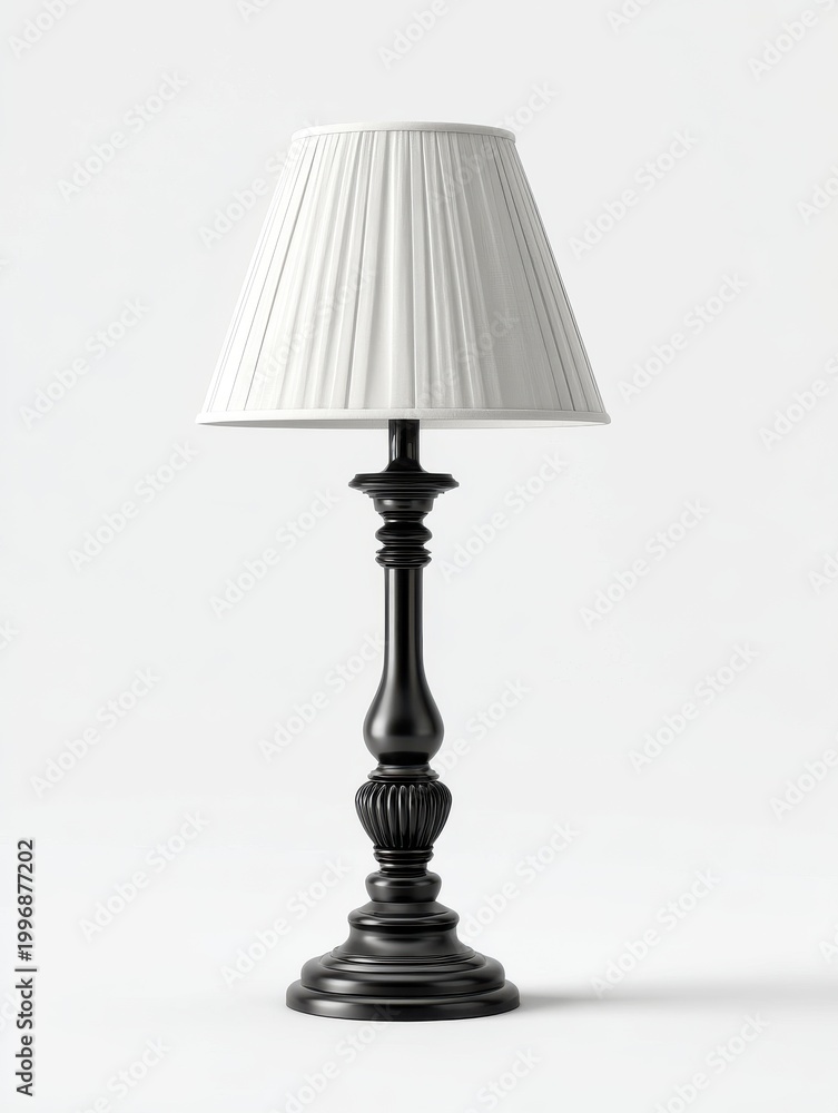Obraz premium Antique Black Wooden Table Lamp With White Pleated Shade Studio Lighting Isolated